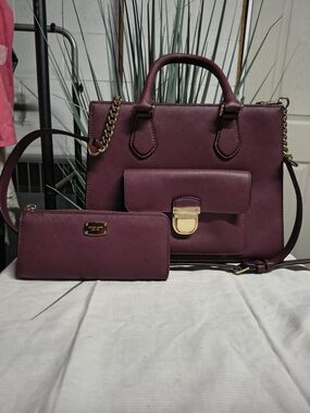 Michael Kors Burgundy Saffiano Leather Satchel with Matching Wallet